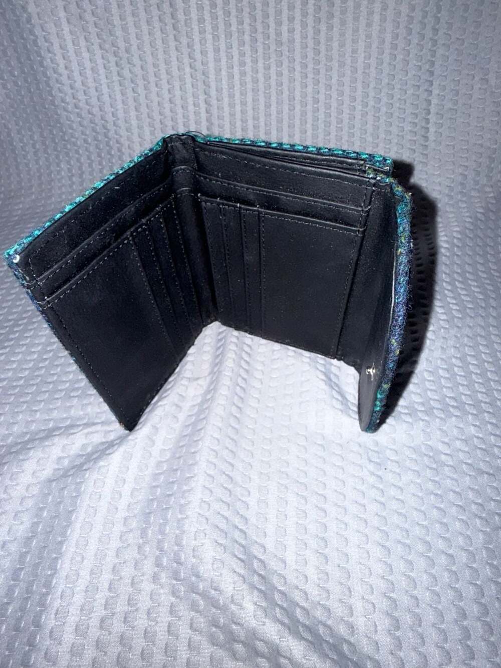 Glen Appin Harris Tweed Highland Cow Trifold Wallet Blue Green Tartan - Picture 3 of 4